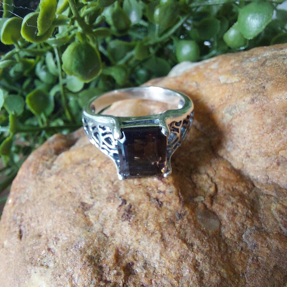 Sterling Sliver 925 Smokey Topaz Vintage Ring Size 8.5 Detailed Filigree Band